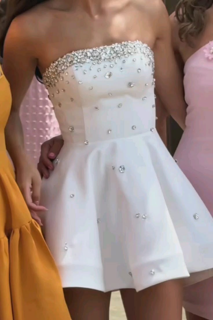 White Strapless A Line Unique Homecoming Dress Sparkly Party Dress