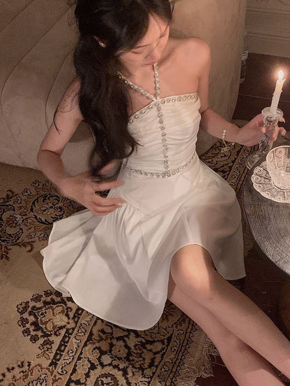 A Line White Halter Homecoming Dress Short Evening Dress Cocktail Dresses Short Party Dress