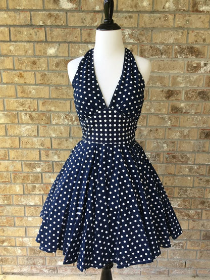 A Line Navy Polka Dots Homecoming Dress Short Evening Dress Cocktail Dresses Short Party Dress