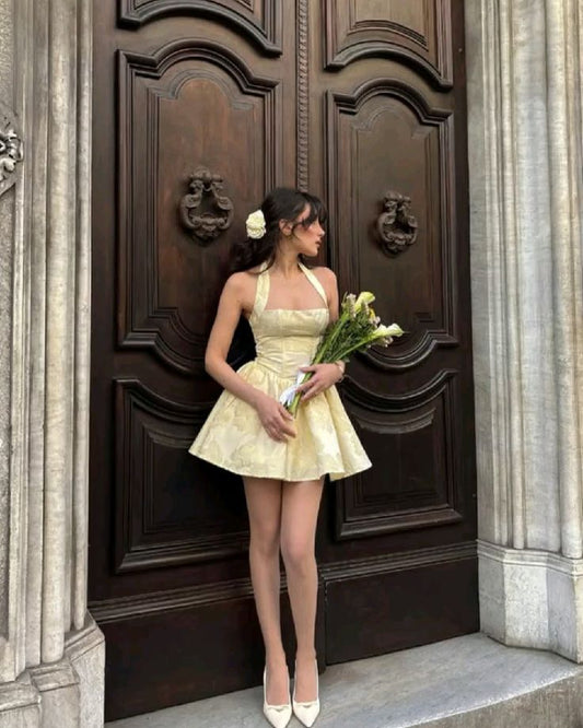 A Line Yellow Halter Short Evening Dress Homecoming Dress Short Party Dress