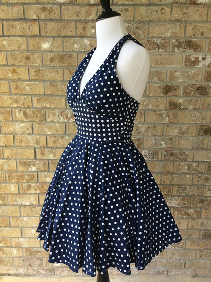 A Line Navy Polka Dots Homecoming Dress Short Evening Dress Cocktail Dresses Short Party Dress