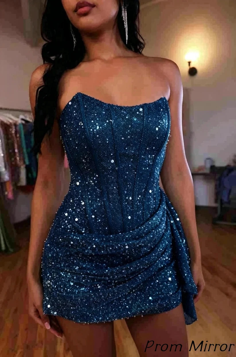 Fashion Party Dresses Strapless Bodycon Homecoming Dress Sequined Mini Formal Gown
