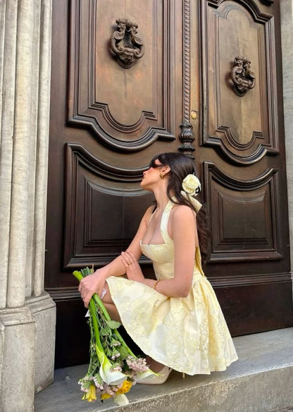 A Line Yellow Halter Short Evening Dress Homecoming Dress Short Party Dress