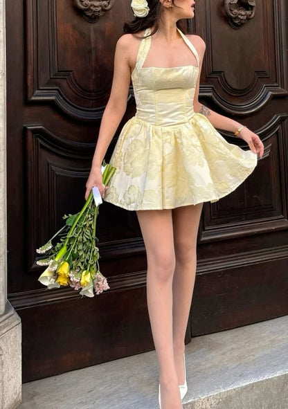 A Line Yellow Halter Short Evening Dress Homecoming Dress Short Party Dress