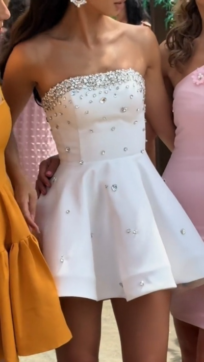 White Strapless A Line Unique Homecoming Dress Sparkly Party Dress