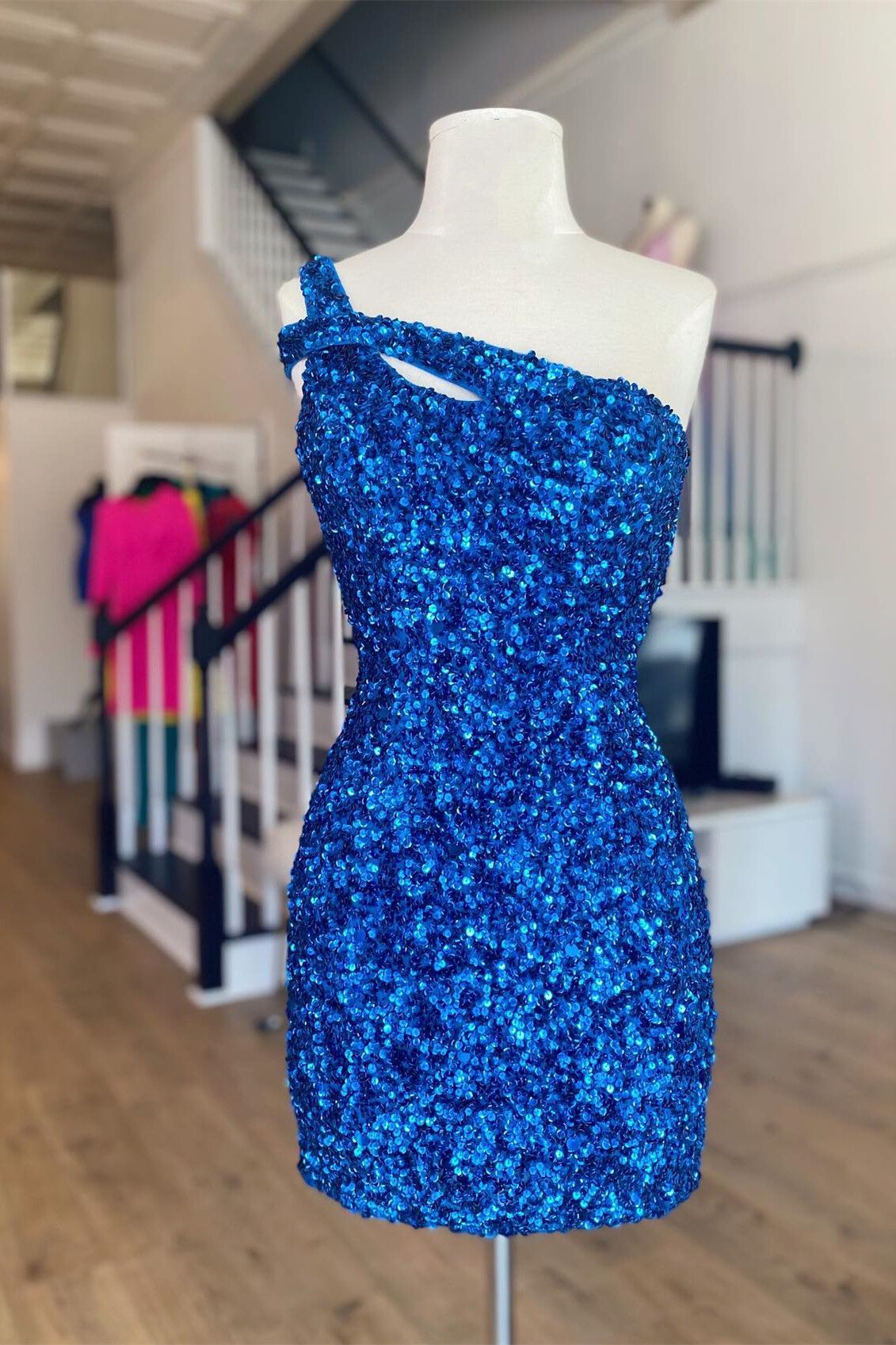 Peacock Blue One Shoulder Cross Homecoming Dress