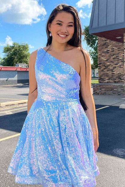 One Shoulder Sequin A-Line Homecoming Dress