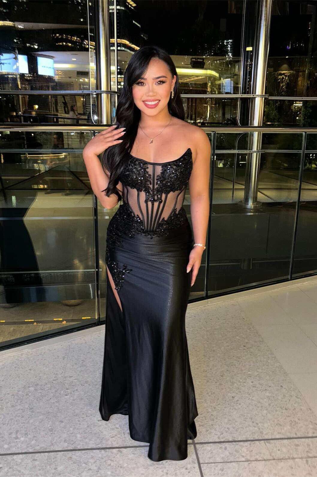 Strapless Black Sheer Appliques Fitted Long Evening Dress