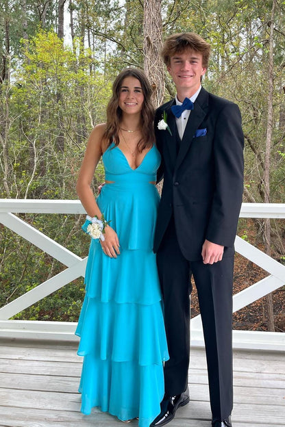 Blue Chiffon Cutouts Tiered Party Dress
