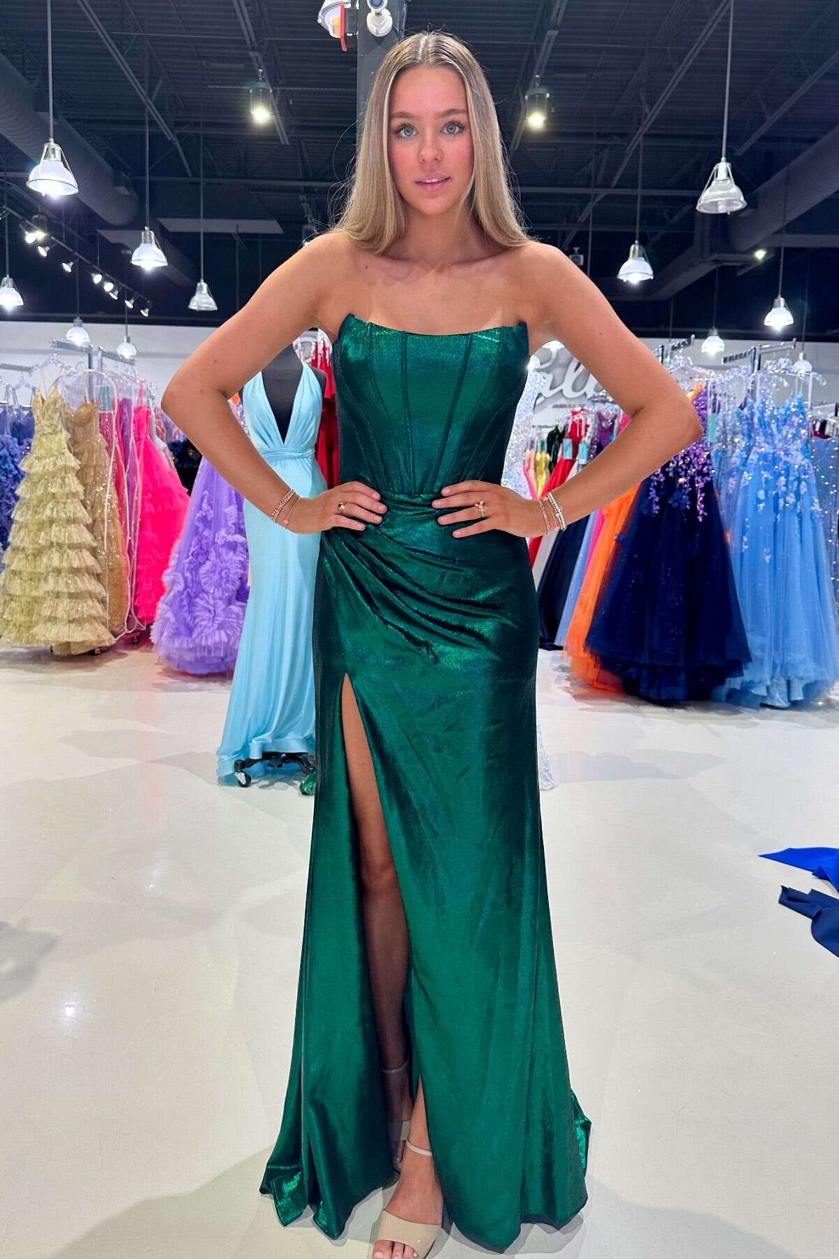 Strapless Purple Metallic Draped Prom Dress
