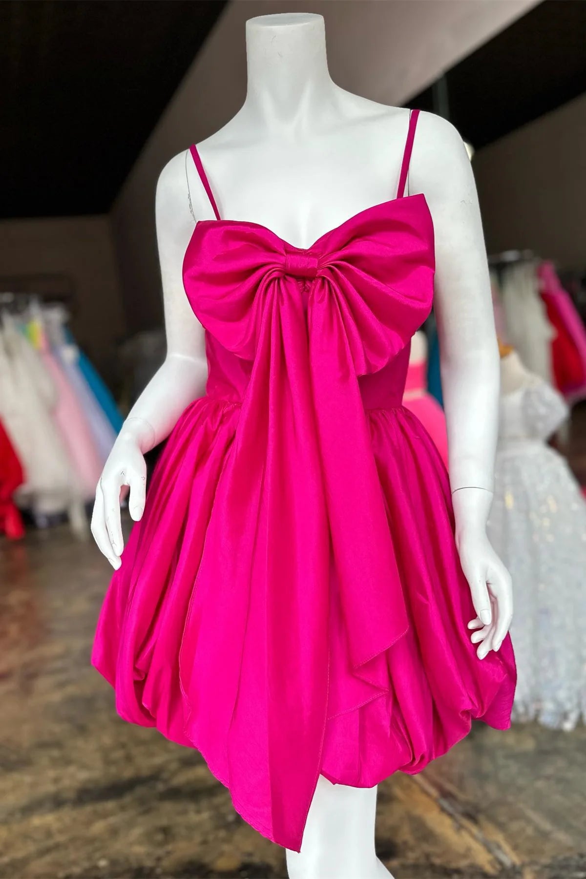 PM533,Fuchsia Straps Satin A-line Homecoming Dress with Bow