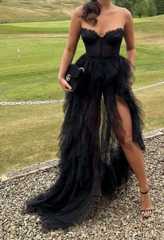 PM546,Sweetheart Black Lace Tulle Ruffles Long Prom Dresses With Side Slit
