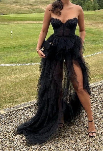 PM546,Sweetheart Black Lace Tulle Ruffles Long Prom Dresses With Side Slit