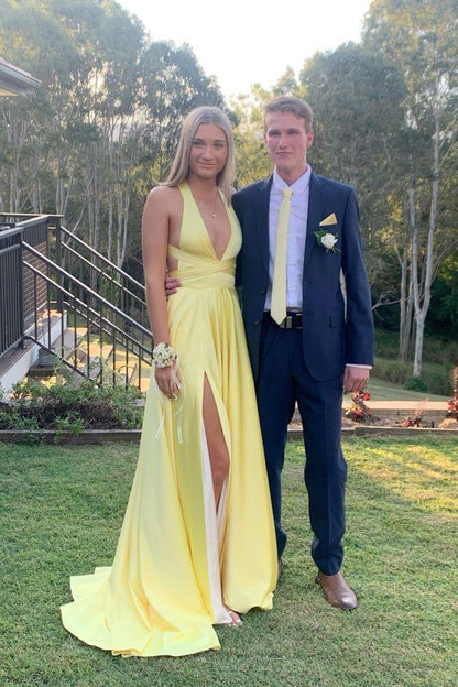 Plunge Yellow A-line Long Formal Dress with Slit