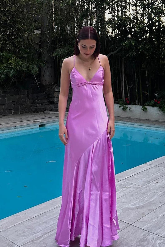 Straps Lilac Silk Long Party Dress with Slit