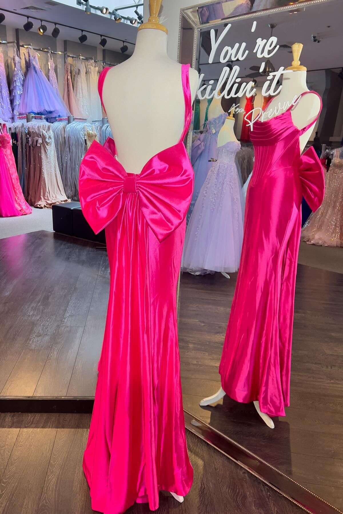 Fuchsia Fitted Long Formal Dress with A Bow