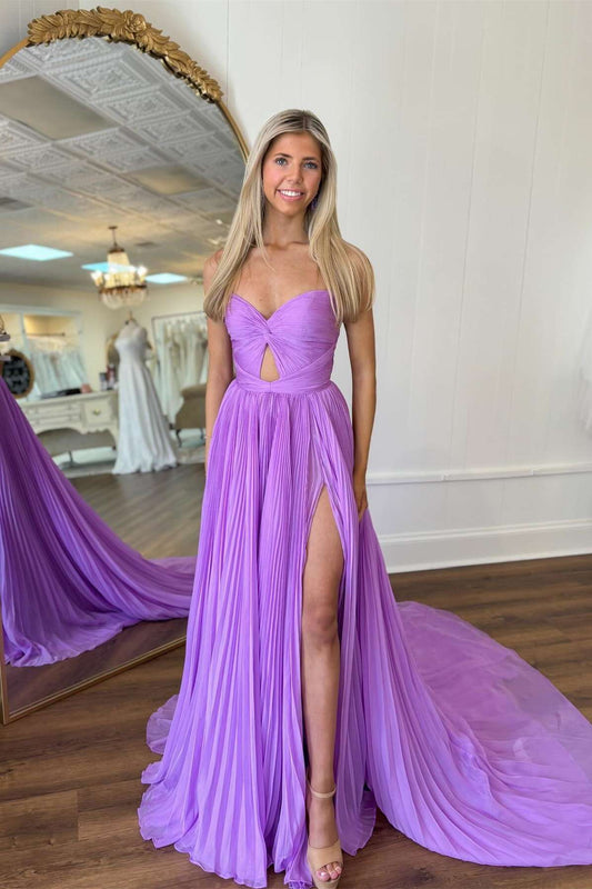 Pleated Lilac Keyhole A-line Long Formal Dress