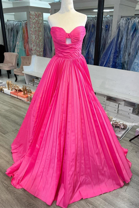 Strapless Hot Pink Ruched Keyhole A-line Prom Dress