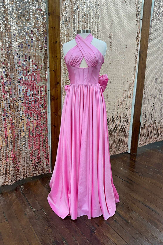 Halter Pink Taffeta A-line Long Formal Dress