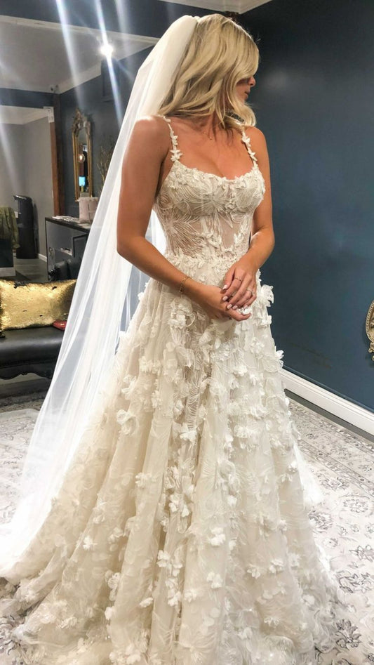 3D floral wedding dress with delicate flower appliques - elegant long white bridal gown
