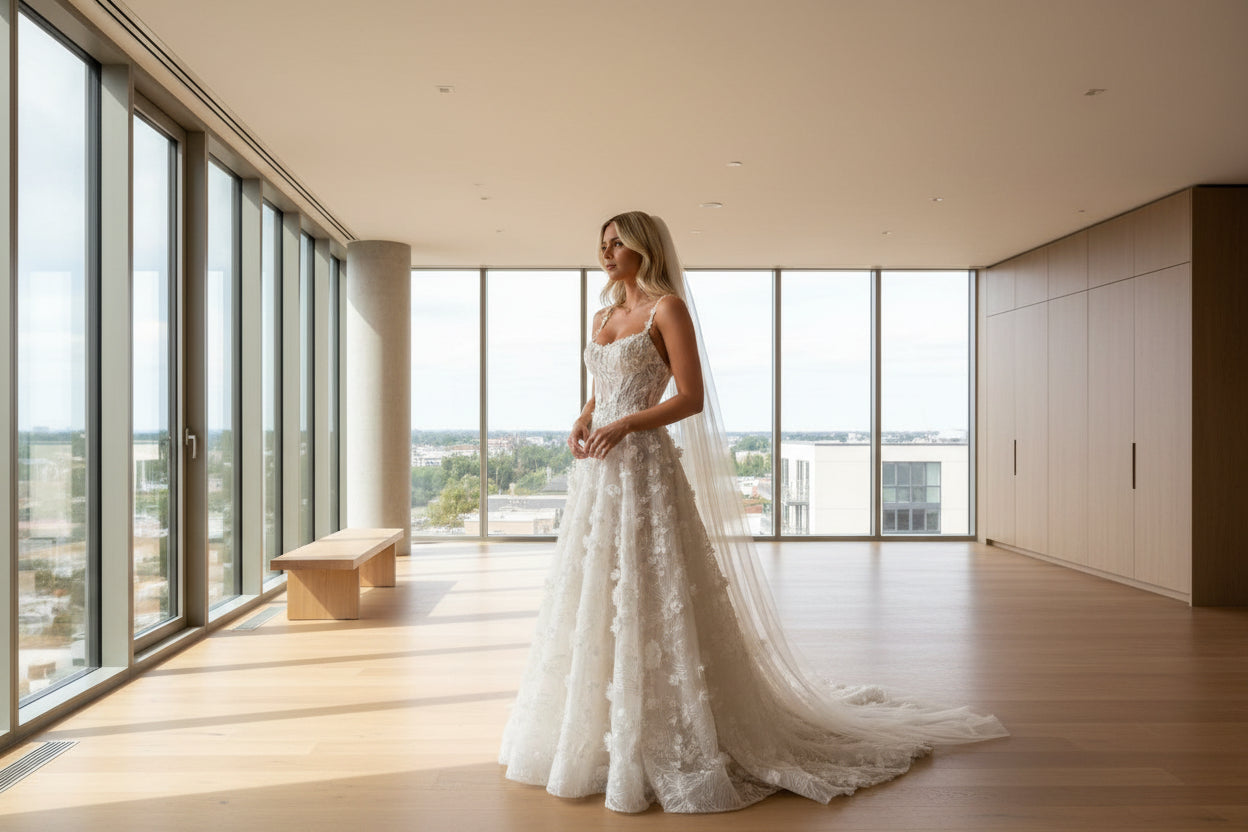 3D flower applique wedding dress - romantic bridal gown with floral embellishments