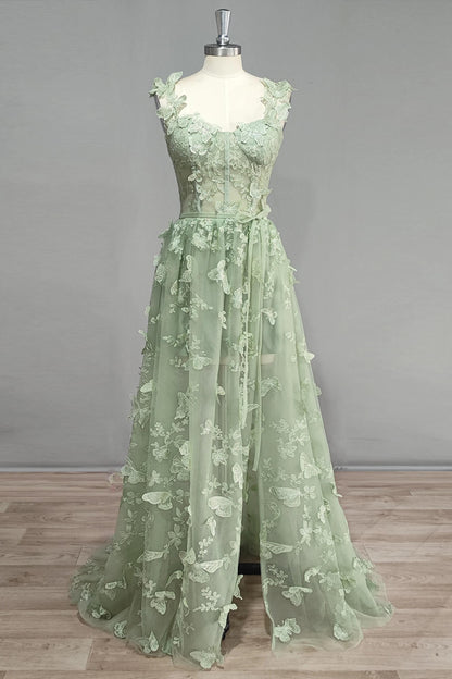Straps Lilac Butterfly A-line Long Formal Dress