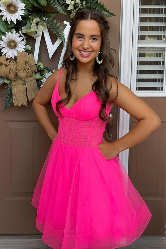 PM527,Hot Pink Tulle Pleated A-Line Homecoming Dress