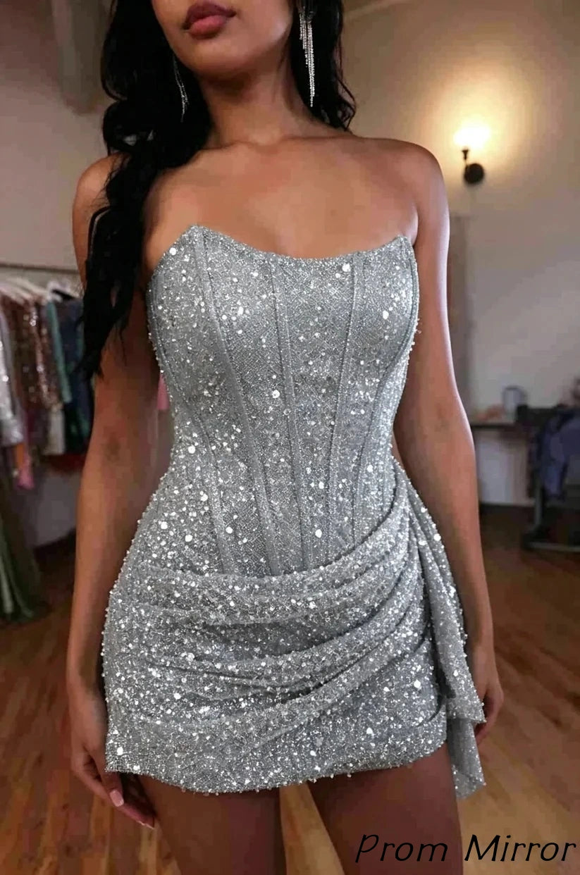 Fashion Party Dresses Strapless Bodycon Homecoming Dress Sequined Mini Formal Gown