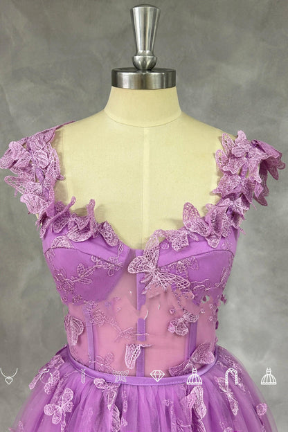 Straps Lilac Butterfly A-line Long Formal Dress