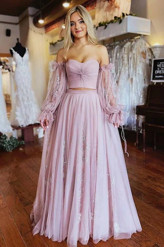 Dusty Pink Tulle Lace Long Prom Dress