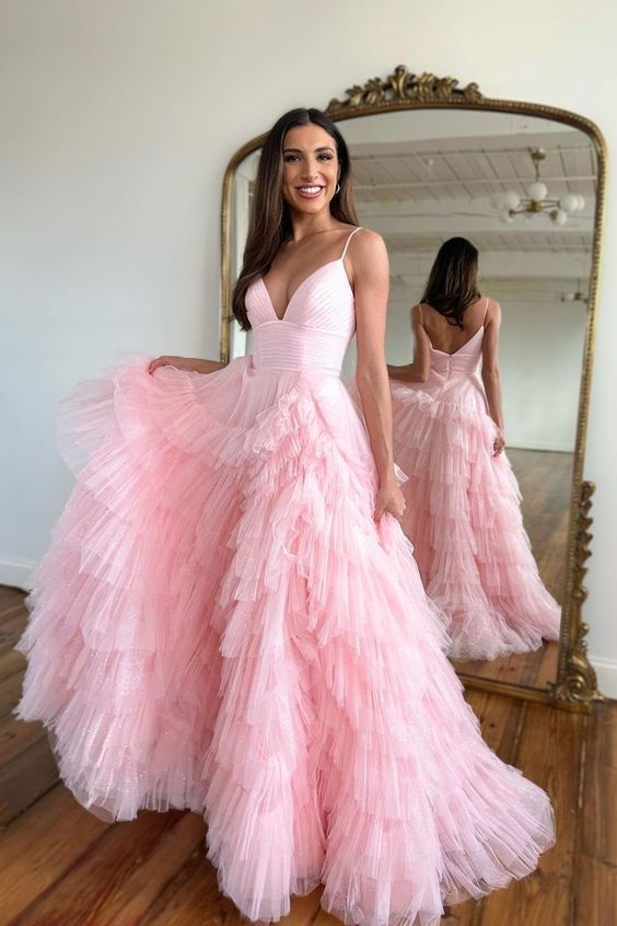 PM549,Spaghetti Straps Pink Plunging A-Line Ruffles Prom Dresses, Sleeveless Party Gown