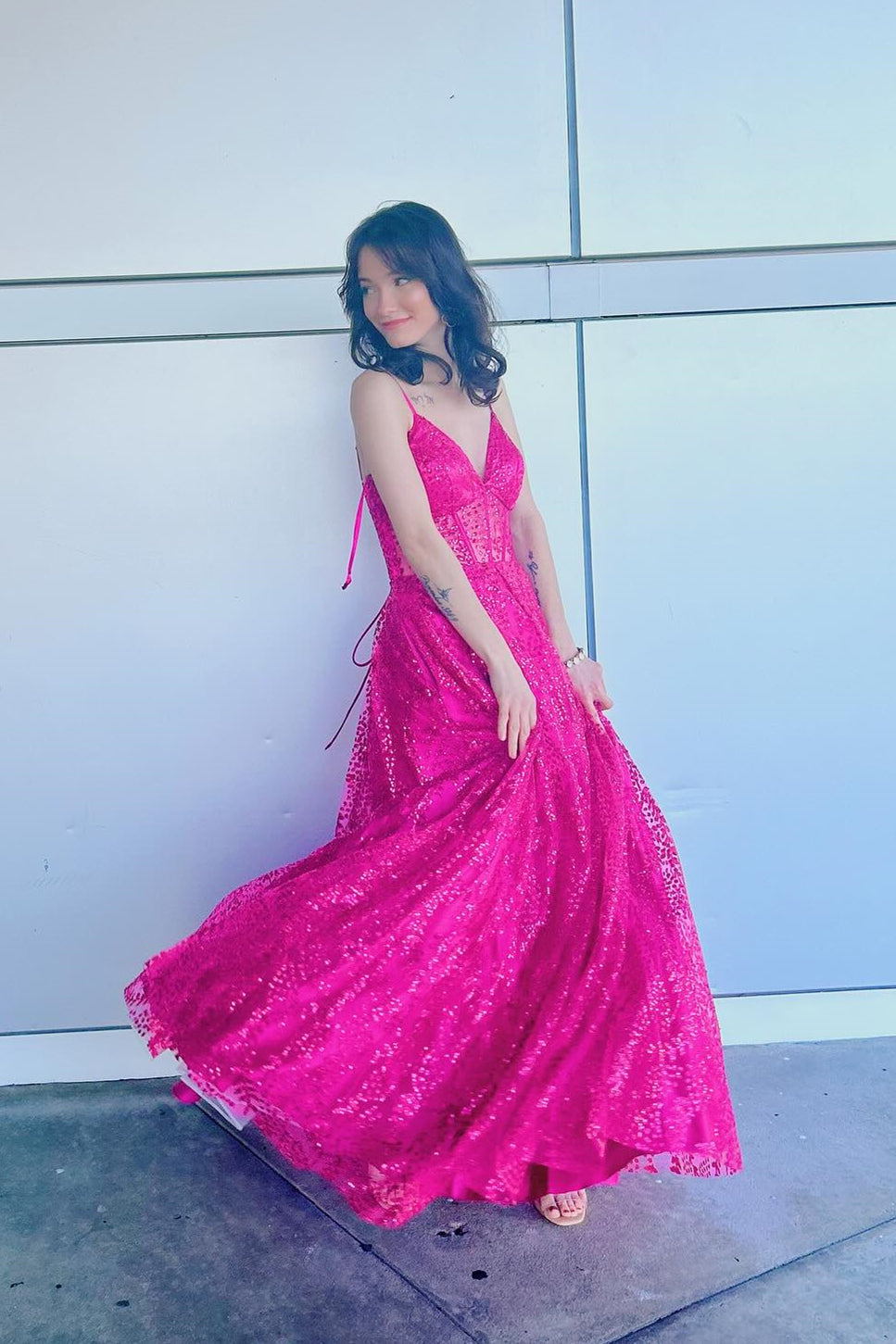 Straps Fuchsia Sheer Corset A-line Long Formal Dress