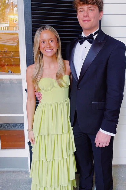 Apple Green Bustier Chiffon Tiered Maxi Dress