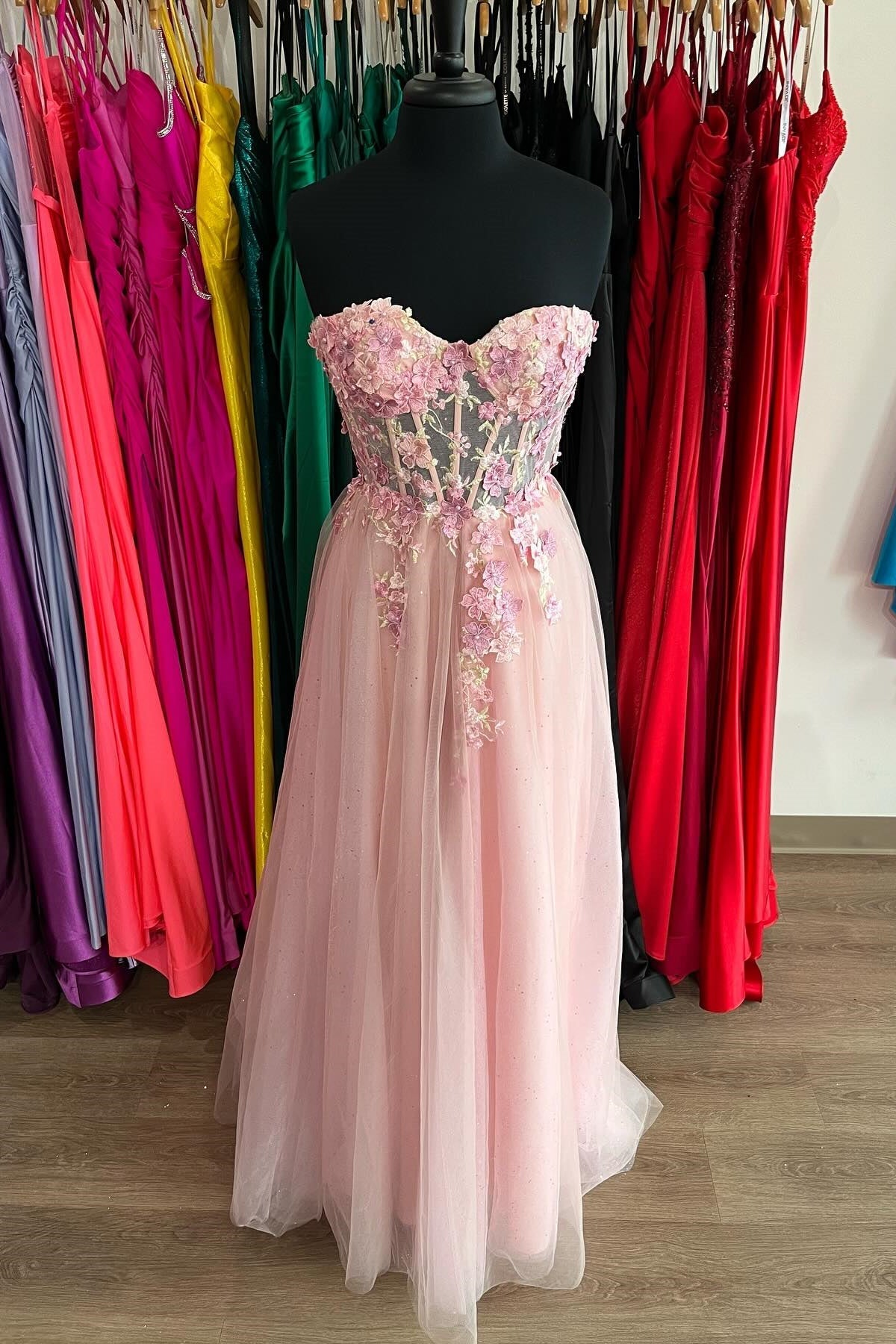 Sweetheart Pink Tulle A-line Long Prom Dress