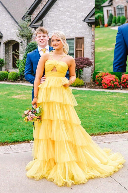 Orange Halter Tulle Tiered A-line Long Party Dress