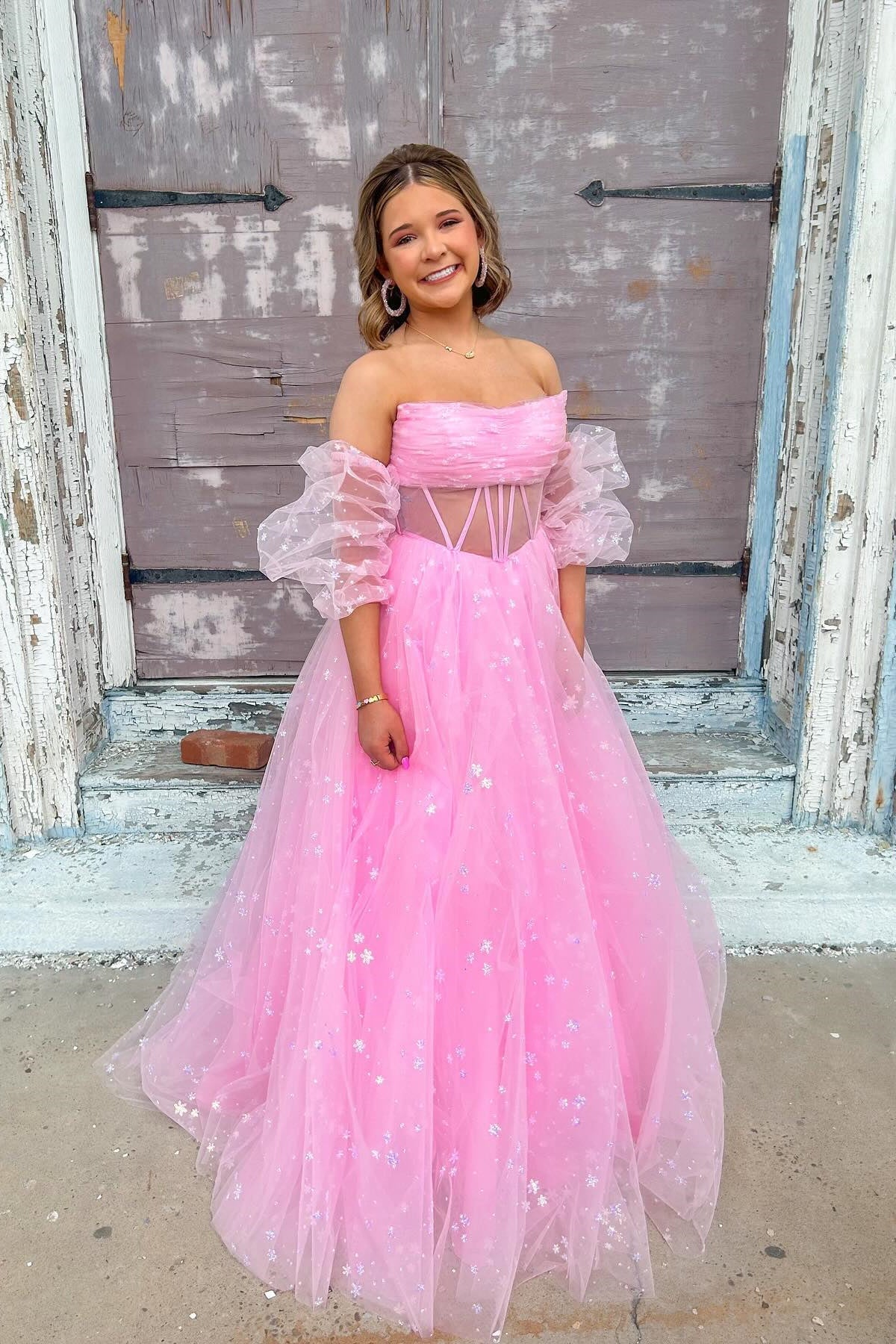 Strapless Blue Tulle Starry Long Formal Gown