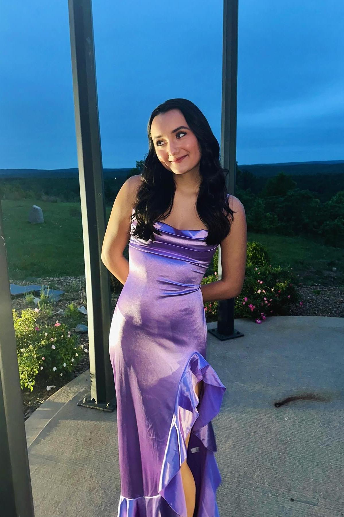 Lavender Straps Cowl Neck Satin Long Party Dress
