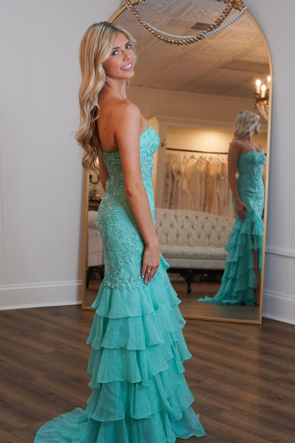 Strapless Teal Lace Appliques Fitted Ruffle Prom Dress