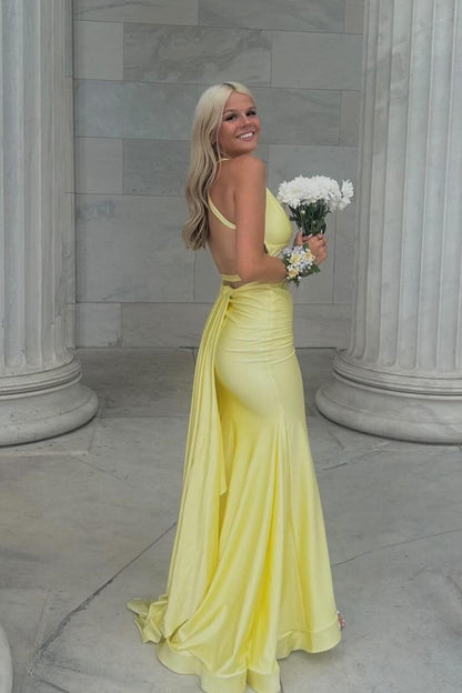 Straps Yellow Mermaid Formal Dress with Train
