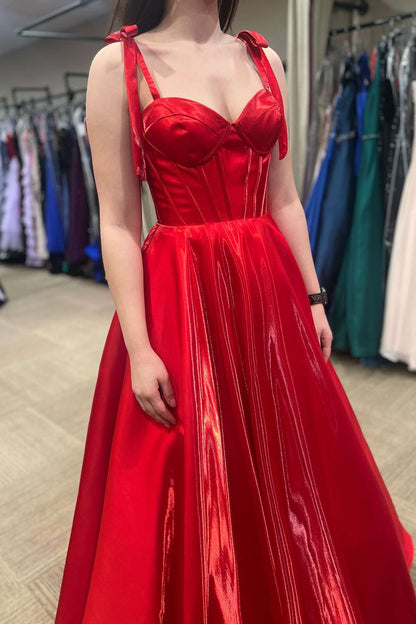 Bow Straps Red A-line Long Ball Gown