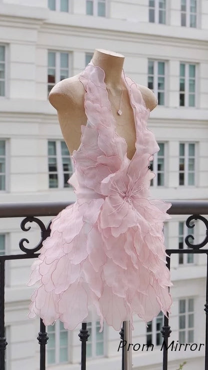 Pink Halter Floral Homecoming Dresses Mini Dance Party Dress