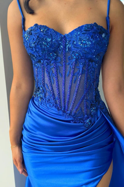 Spaghetti Straps Sage Beaded Satin Long Formal Dress