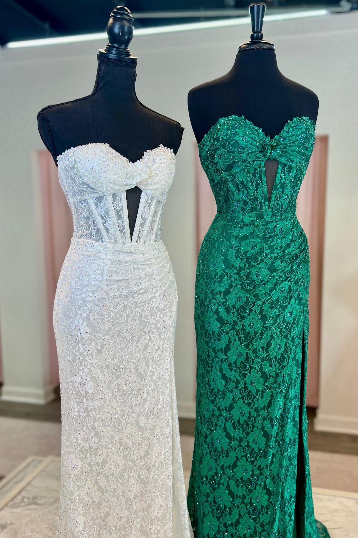 Sweetheart Corset Green Lace Fitted Ruched Long Prom Dress