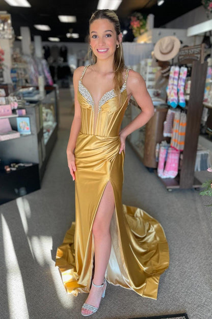 Beaded Corset Mermaid Long Formal Dress with Slit