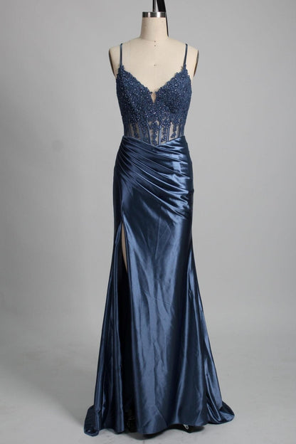 Dusty Blue Appliques Corset Satin Long Formal Dress