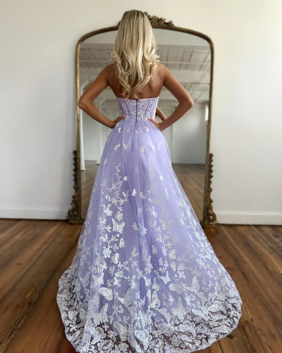 Strapless Lavender Tulle Appliques Long Prom Dress