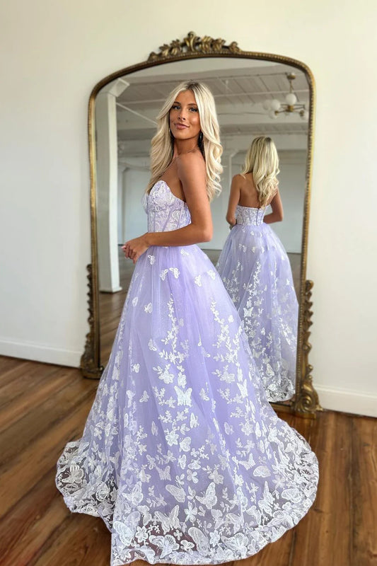 Strapless Lavender Tulle Appliques Long Prom Dress