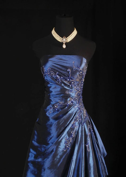 Pretty A Line Sleeveless Navy Blue Long Prom Dress Evening Dress