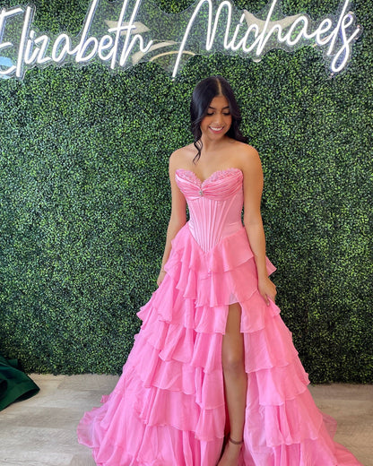 Strapless Beaded Ruched Ruffle Long Prom Dress