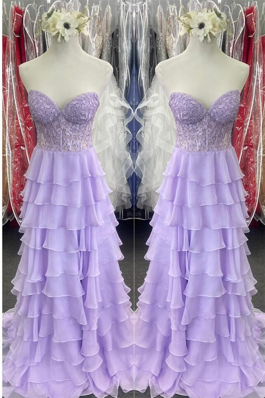 Sweetheart Yellow Lace Tiered Ruffle Prom Dress